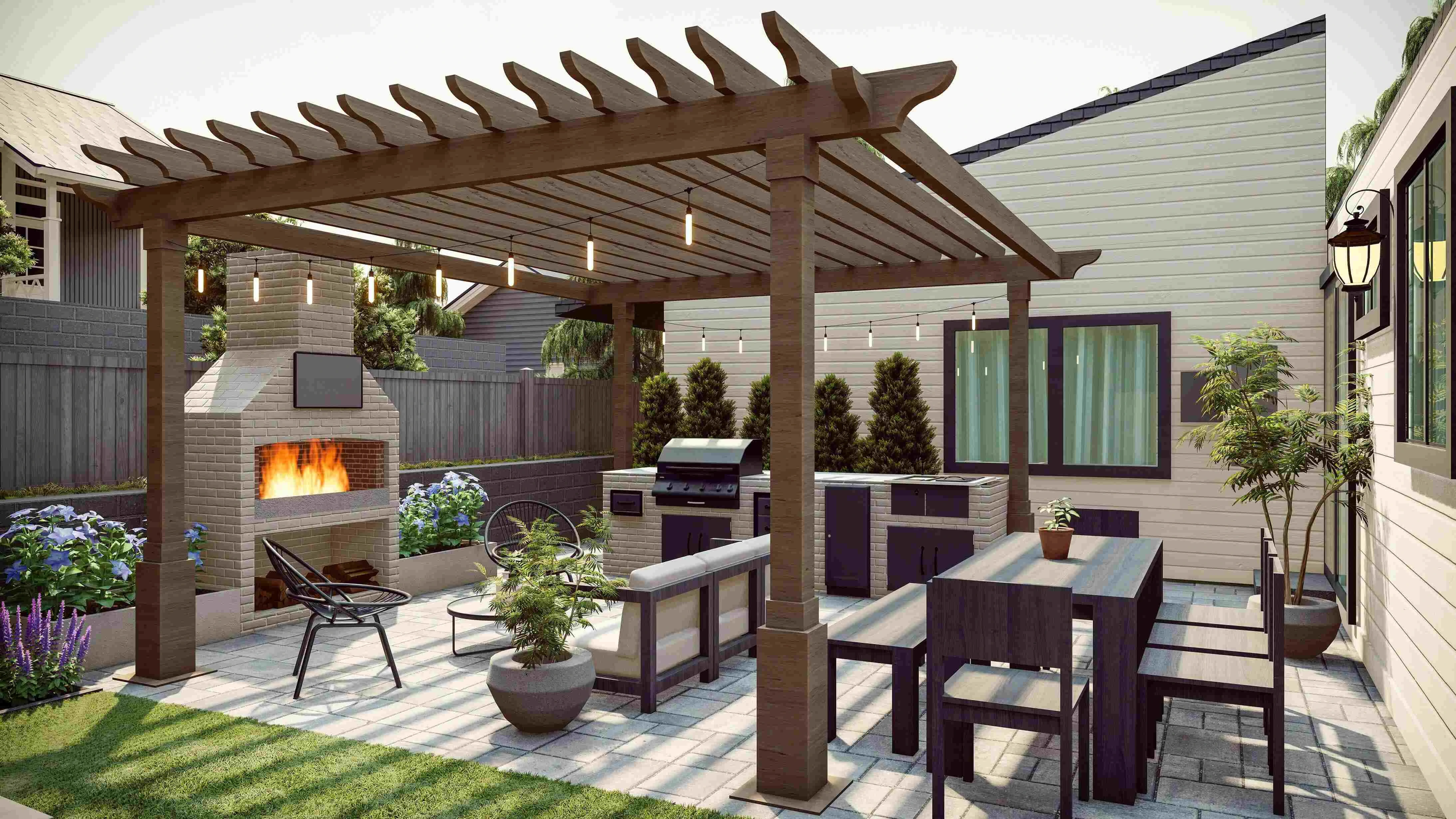 backyard patio with pergola shading, an integrated fireplace for warmth, and an outdoor kitchen, surrounded by vibrant plant life.